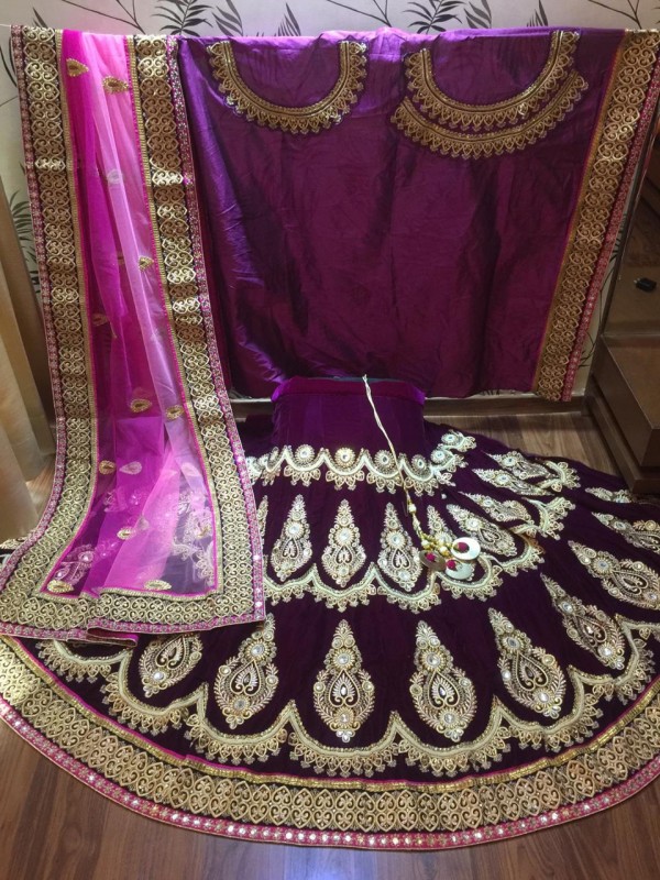 Pure Micro Velvet Wedding Lehenga In Purple With Handwork