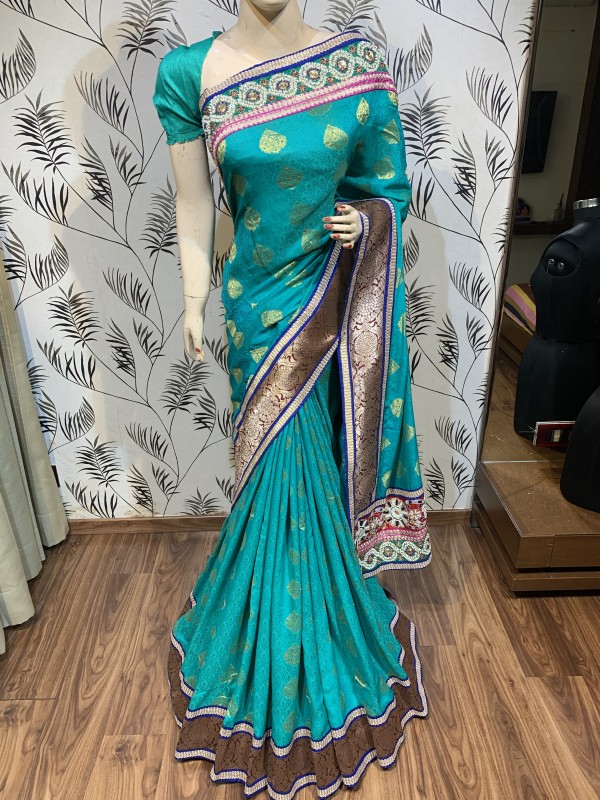 Jacquard Silk Fabrics Party Wear Saree In Blue With Embroidery Work 