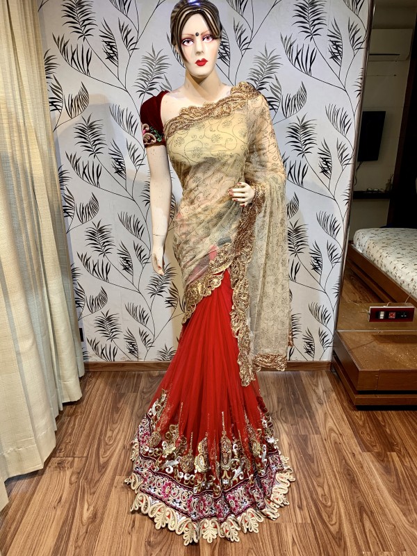 Soft Premium Net Wedding Wear Saree In Golden & Red color With Embroidery Work & Stone Work 