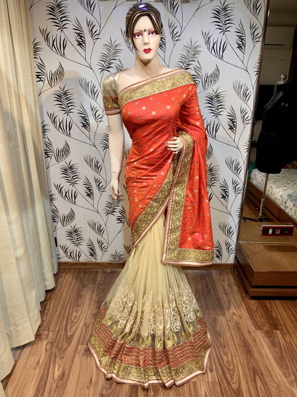 Jacquard Silk Wedding Wear Saree In Orange With Embroidery Work & Stone Work 
