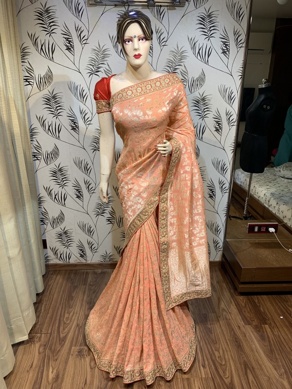 Pure Natural Dola Silk Wedding Wear Saree in Peach With Embroidery Work & Stone Work 
