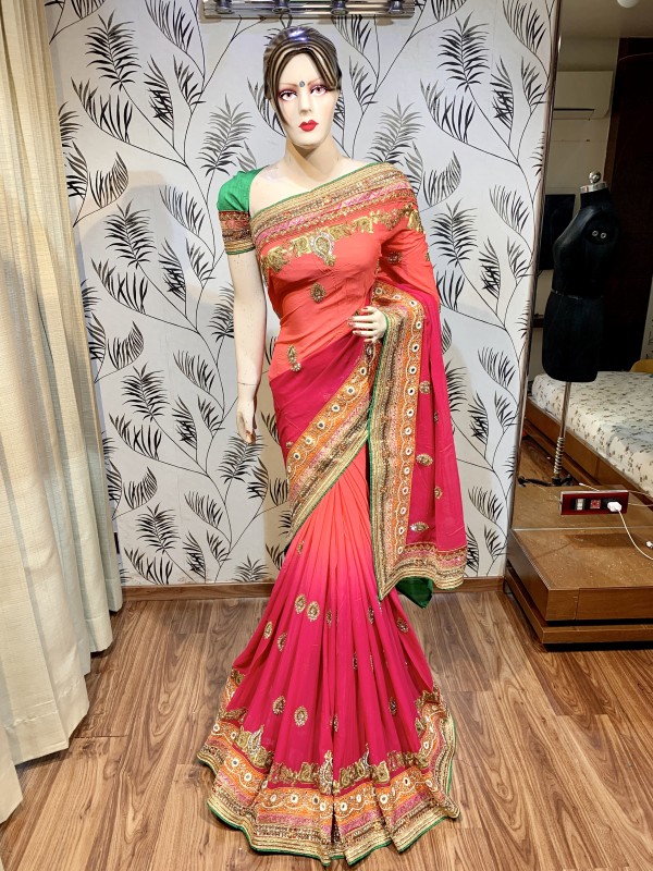 Pure Georgette Wedding Wear Saree In Pink With Embroidery Work & Hand Work 