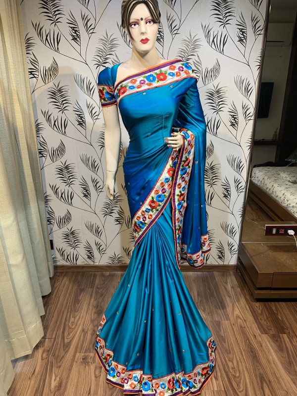 Milano Silk Party Wear Saree In Blue With Embroidery Work