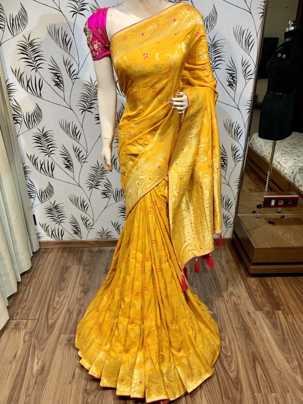 Pure Natural Dola Silk Wedding Wear Saree In Yellow with Embroidery Work