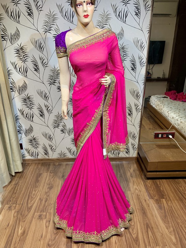 Pure Georgette Wedding Wear Saree In Pink With Handwork