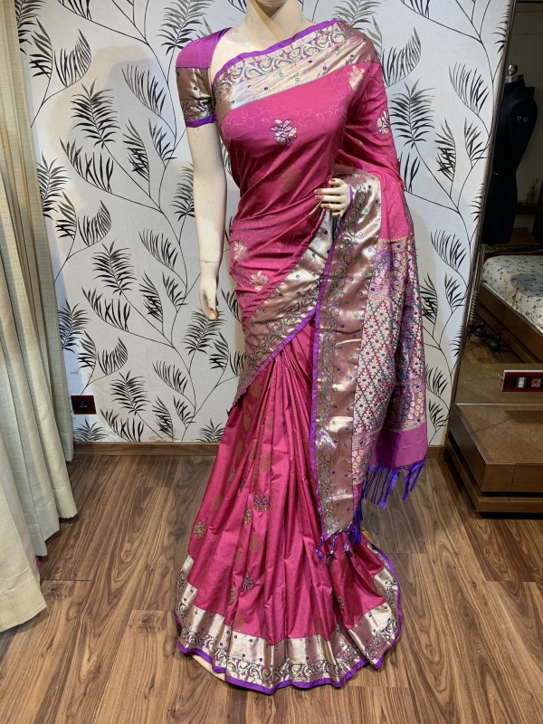 Pure Banarasi Silk Wedding Wear Saree In Pink With Handwork
