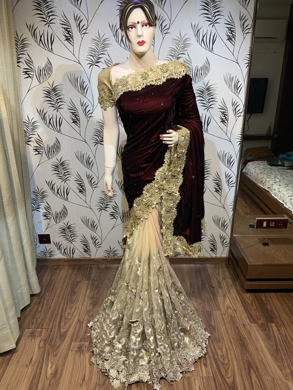 Pure Micro Velvet Wedding Wear Saree In Maroon with Embroidery Work & Crystal Stone Work