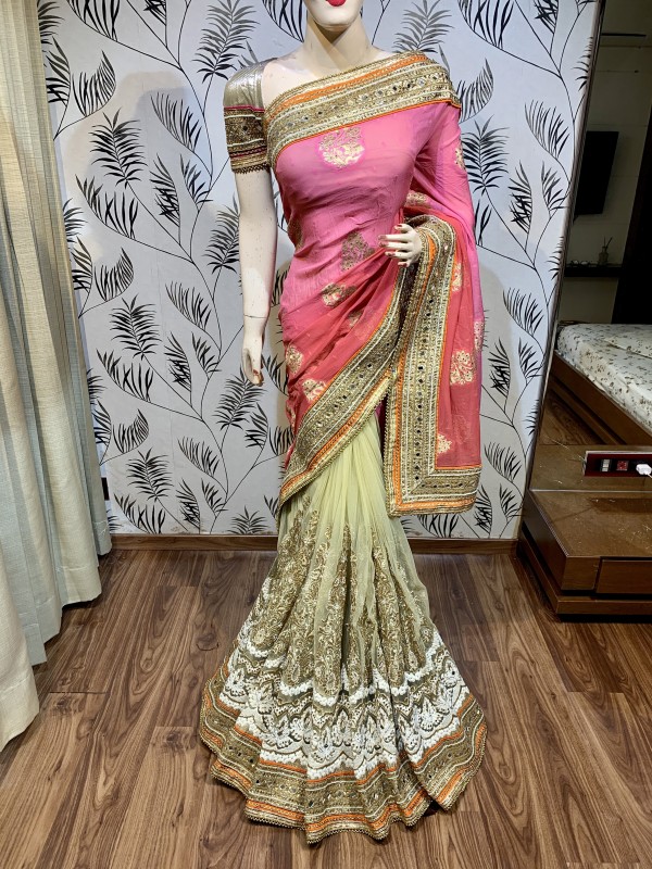 Pure Viscose Silk Wedding Wear Saree In Pink With Embroidery Stone Work