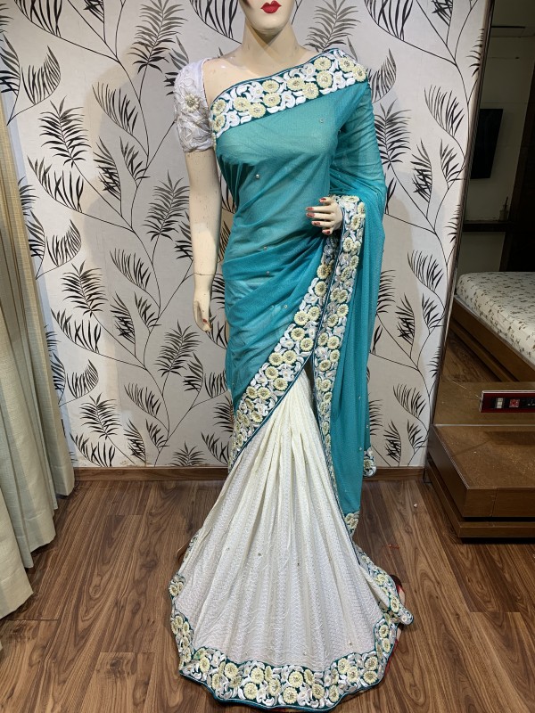 Pure Jacquard Silk Wedding Wear Saree In Sea Blue With Embroidery Work & Pearl Work