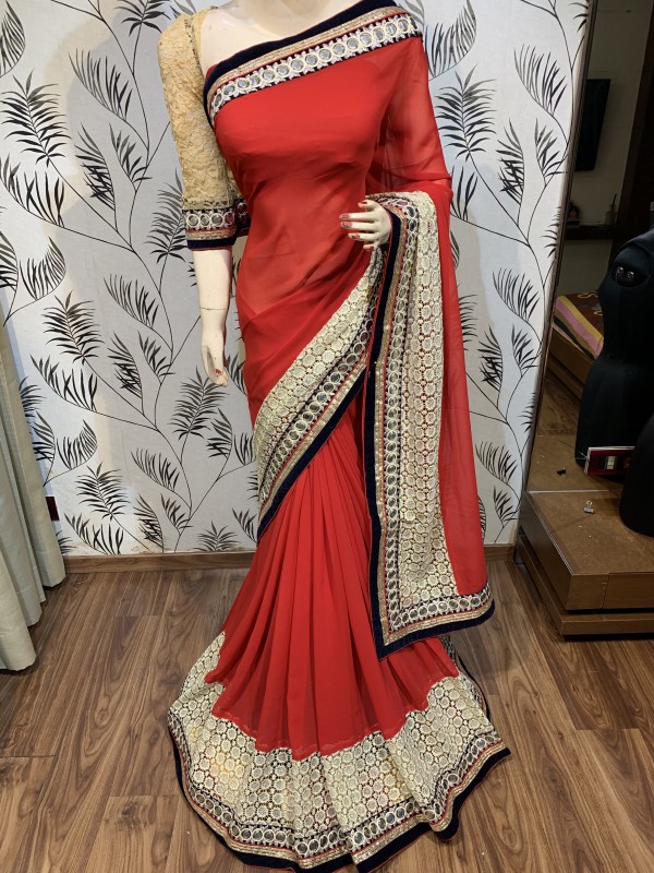 Georgette SIlk Party Wear Saree In Red With Embroidery Work 