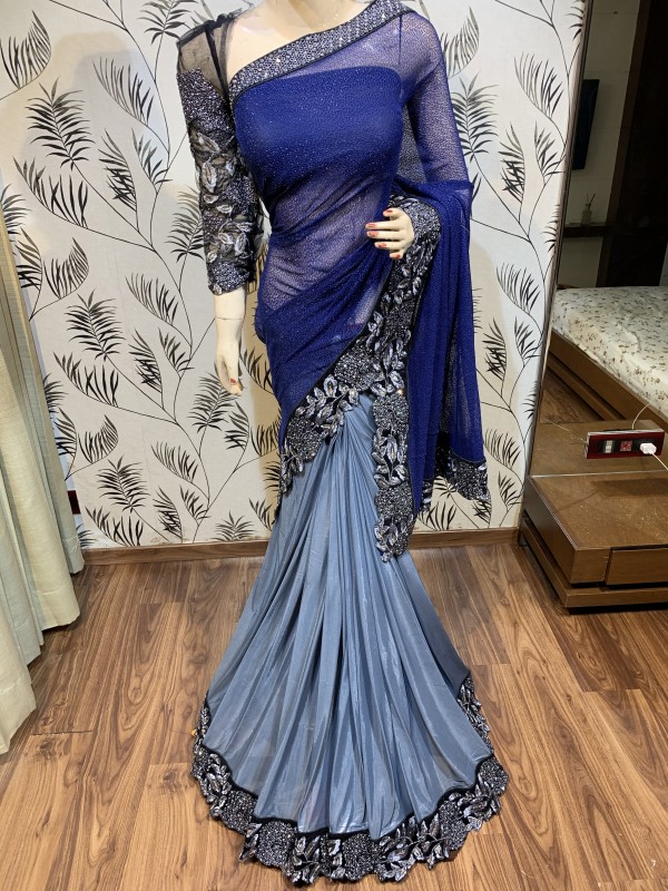 Fancy Imported Party Wear Saree In Blue&Grey With Embroidery Work & Crystals Stone Work 