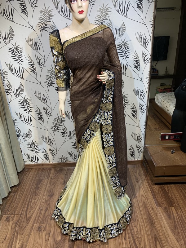 Killer SIlk Party Wear Saree In Brown With Embroidery Work & Crystal stone work