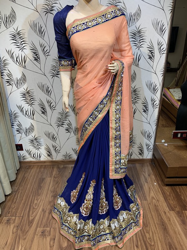 Killer SIlk Party Wear Saree In Peach With Embroidery Work & Crystal stone work