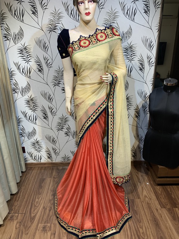 Killer SIlk Party Wear Saree In Cream With Embroidery Work & Crystal stone work