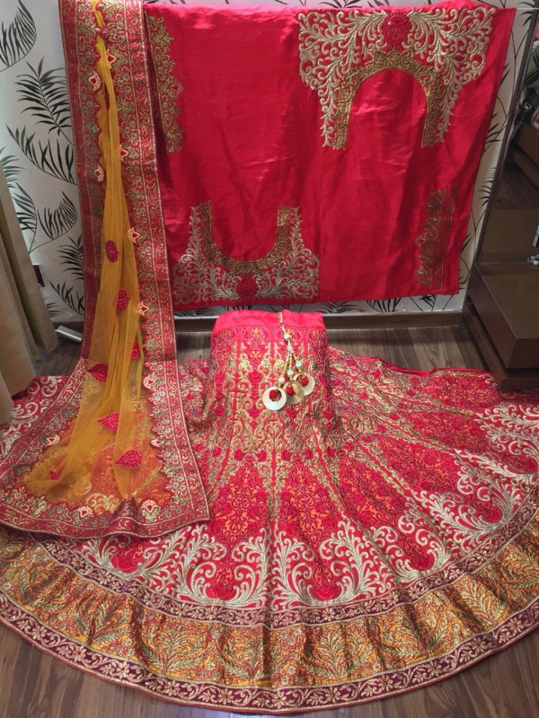 Pure Satin Silk Bridal Lehenga In Red Color With Embroidery Work & Stone Work