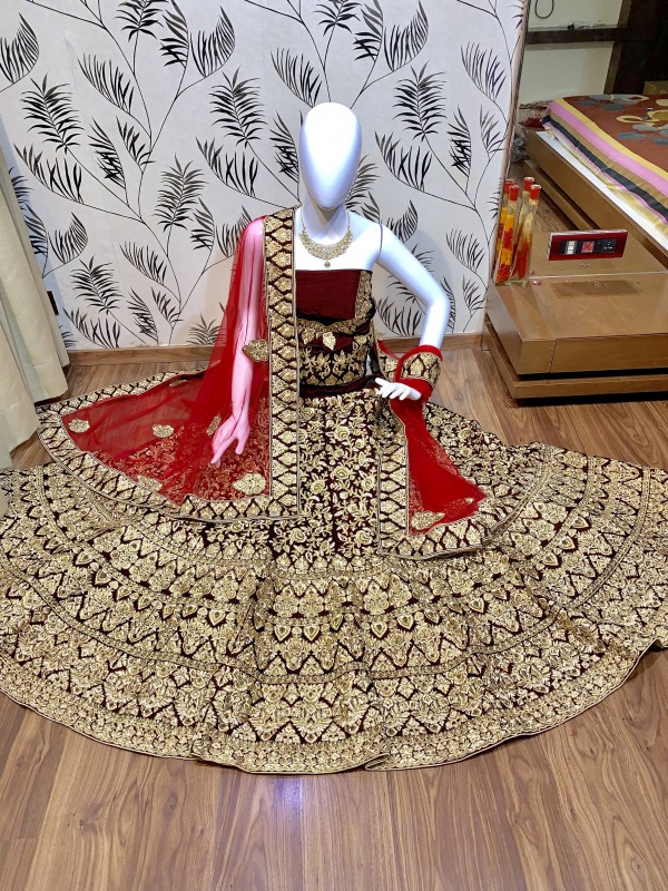Pure Micro Velvet Bridal Wear Lehenga In Maroon Color With Embroidery Work & Handwork
