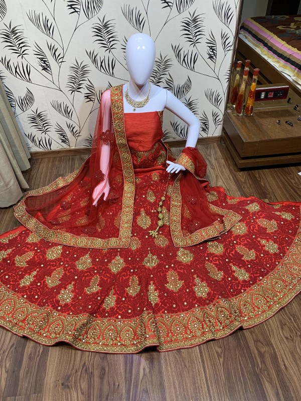 Pure Satin Silk Bridal Wear Lehenga In Red Color With Embroidery Work & HandWork