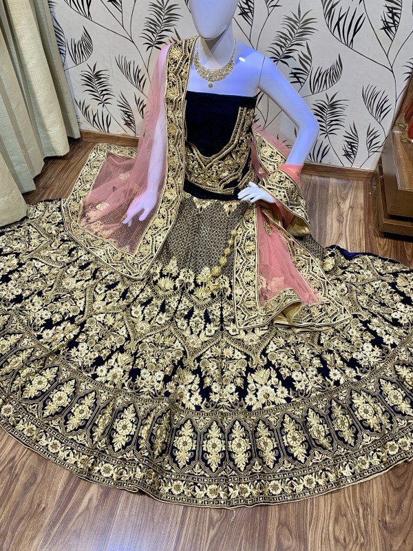 Pure Micro Velvet Bridal Wear Lehenga In Blue Color With Embroidery Work & Stone Work Hand work, 