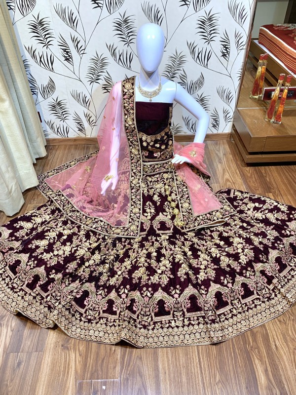 Pure Micro Velvet Bridal Wear Lehenga In Purple Color With Embroidery Work & Stone Work Hand work, 