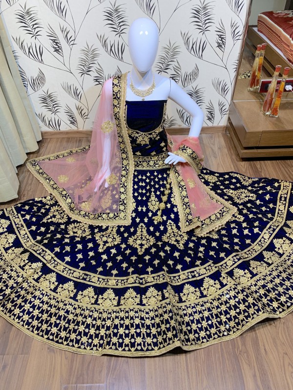Pure Micro Velvet Wedding Wear Lehenga In Blue Color With Embroidery Work & Stone Work 