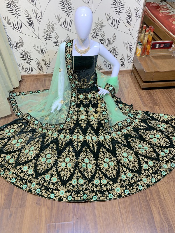 Pure Micro Velvet Wedding Wear Lehenga In Green Color With Embroidery Work ,Sequence Work 