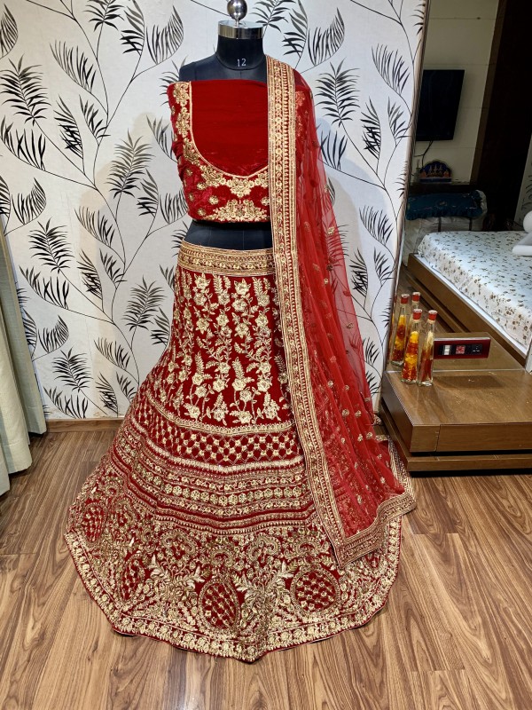 Pure Micro Velvet Wedding Wear Lehenga In Off Red With Embroidery Work & Hand Work