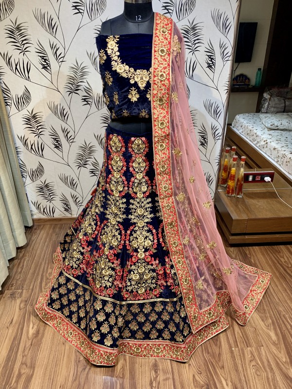 Pure Micro Velvet Wedding Wear Lehenga In Blue With Embroidery Work & Hand Work