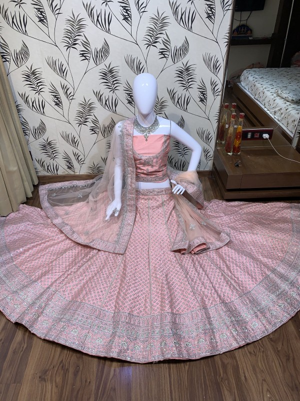 Pure Satin Silk Wedding Wear Lehenga In Pink With Embroidery Work & Stone Work 