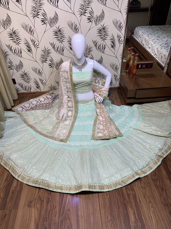 Pure Soft Georgette Wedding Wear Lehenga In Sea Green With Embroidery Work & Sequence work