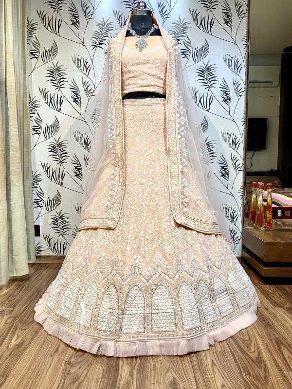 Pure Soft Georgette Wedding Wear Lehenga In Peach With Embroidery Work & Sequence work