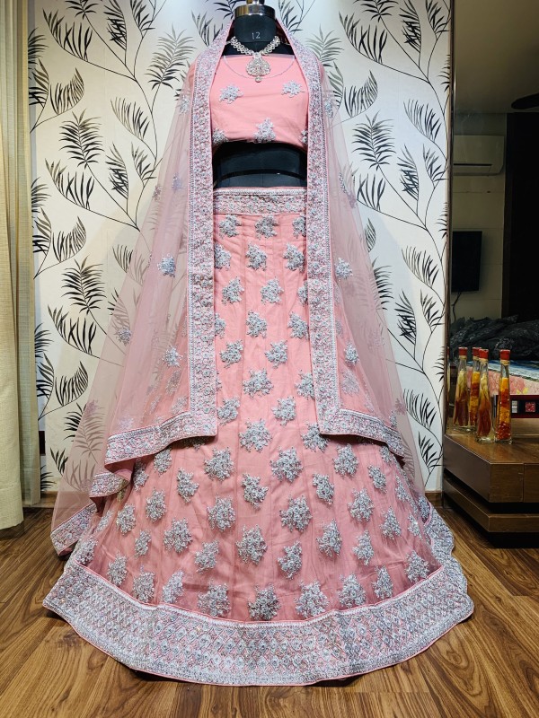 Soft Premium Net Wedding Wear Lehenga In Pink With Embroidery & Stone Work
