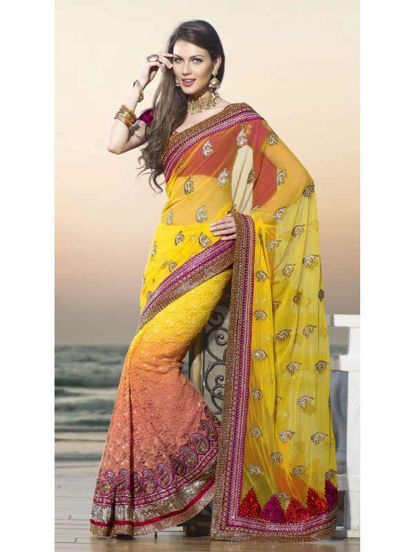Soft Premium Net Party Wear Saree In Yellow With Embroidery Work