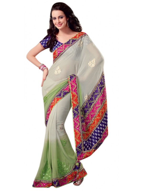 Soft Nazneen Party Wear Saree In White WIth Embroidery Work   