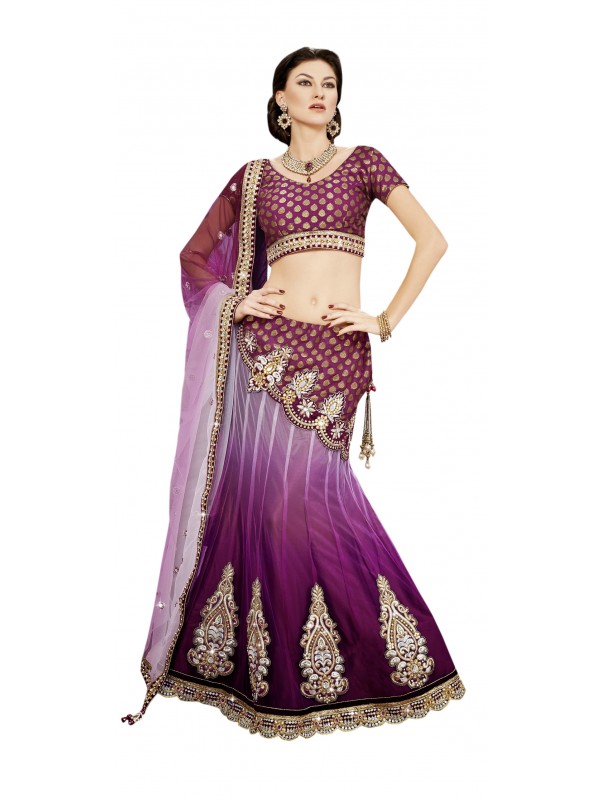 Soft Premium Net Mehendi Sangeet Wear Lehenga In Purple Color With Crystal Stone Work