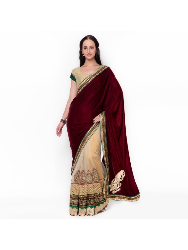 Pure Micro Velvet Party Wear Saree In Maroon & Cream WIth Embroidery & Crystal Stone Work  