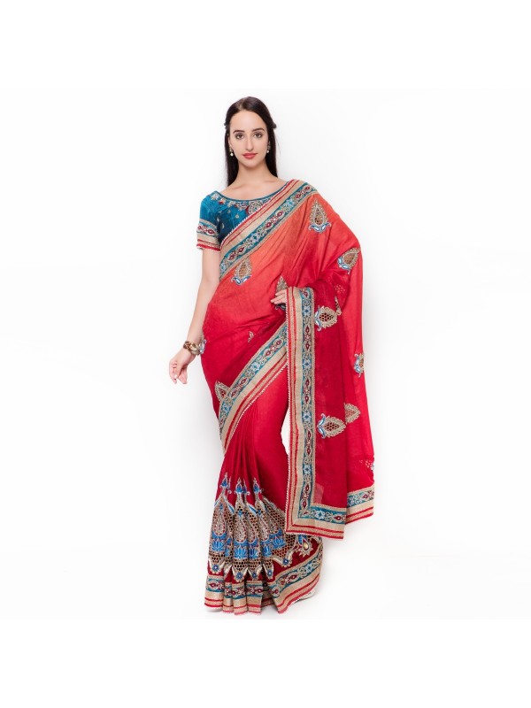 Jacquard Silk Party Wear Saree In Red WIth Embroidery & Crystal Stone Work  