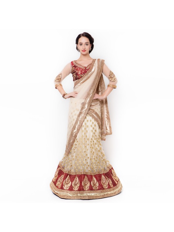 Soft Premium Net Party Wear Lehenga Saree In Cream With Embroidery & Stone Work 