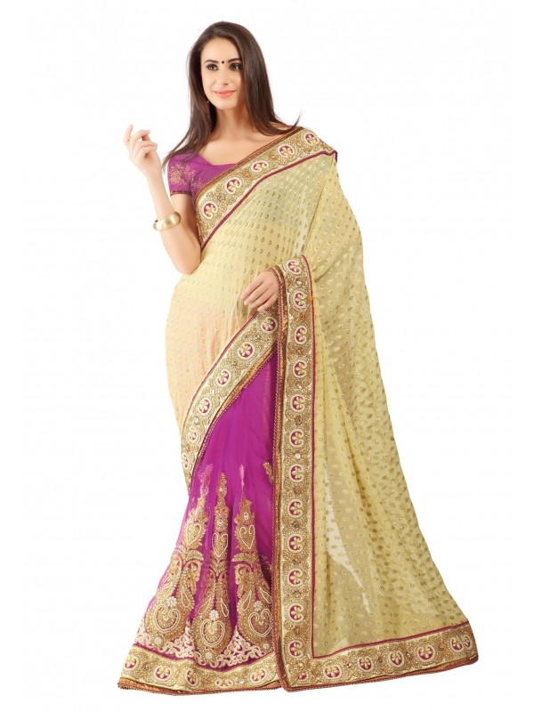 Pure Viscose Silk Wedding Wear Saree In Rani With Crystals Stone Work