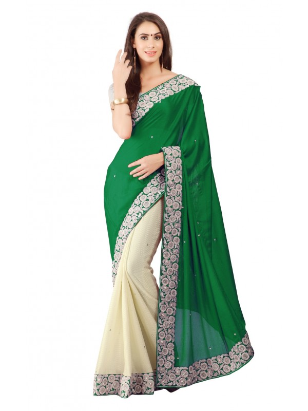Model Silk Party Wear Saree In Green WIth Embroidery & Crystal Stone Work  