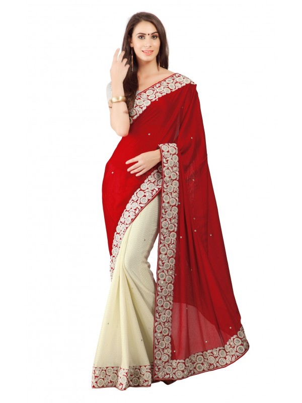 Model Silk Party Wear Saree In Red WIth Embroidery & Crystal Stone Work  