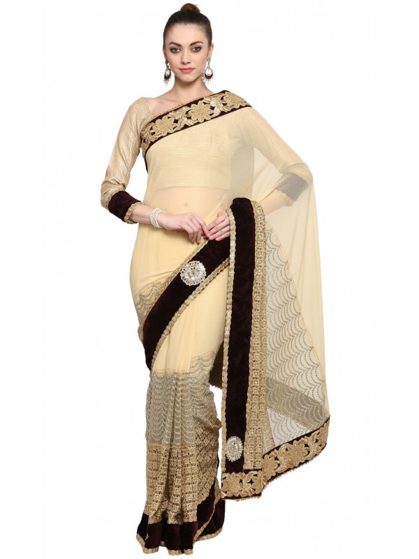 Fancy Imported Pink Wear Saree In Beige WIth Embroidery & Crystal Stone Work  