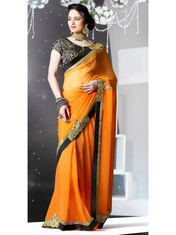 Georgette Party Wear Saree  In Yellow Color With Embroidery Work