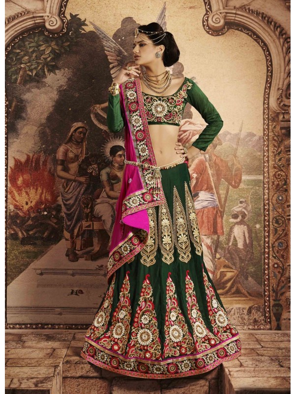 Pure Micro Velvet Wedding Wear Lehenga Saree In Green With Embroidery & Crystals Stone Work