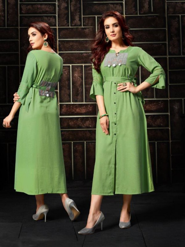  Rayon Fabrics Long Kurti In Green Color 