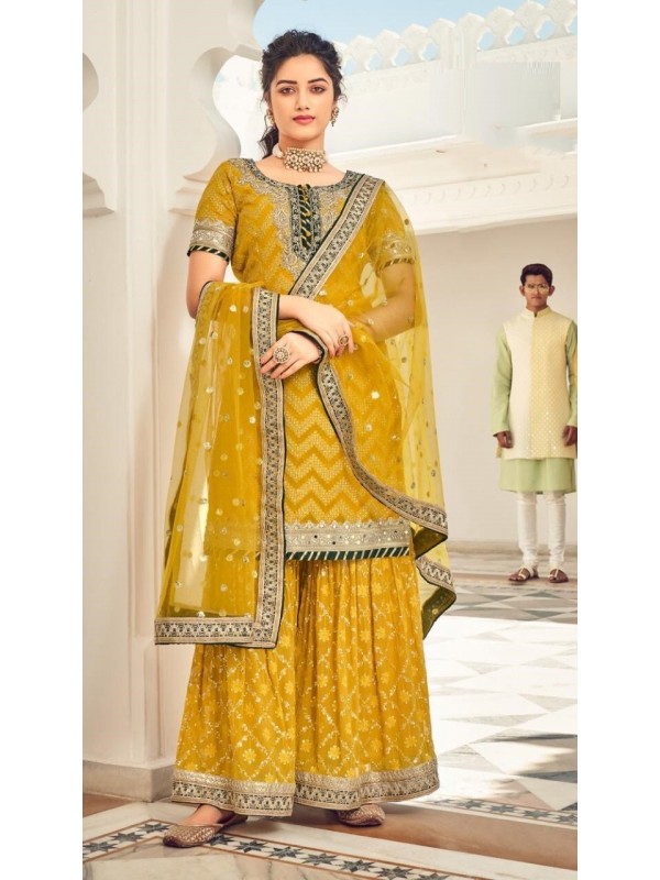 Heavy Chinon Party Wear Readymade  Sarara in Yellow Color with  Embroidery Work